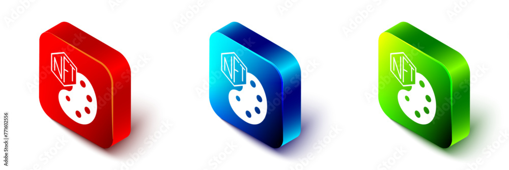 Isometric NFT Digital crypto art icon isolated on white background. Non fungible token. Red, blue and green square button. Vector - obrazy, fototapety, plakaty 