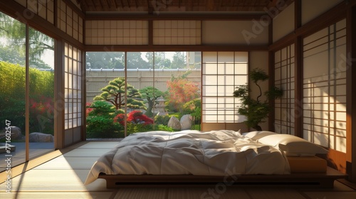 Japanese style bedroom with wooden floor and big window © Олег Фадеев