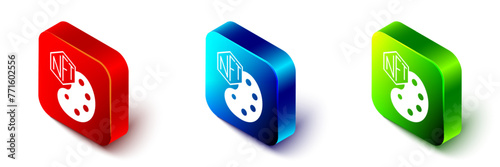 Isometric NFT Digital crypto art icon isolated on white background. Non fungible token. Red, blue and green square button. Vector