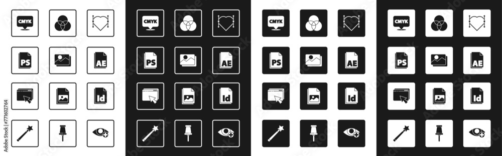 Set Heart with Bezier curve, Picture landscape, PS File document, Speech bubble text CMYK, AE file, RGB color mixing, ID and Web design development icon. Vector Set Heart with Bezier curve, Picture landscape, PS File document, Speech bubble text CMYK, AE file, RGB color mixing, ID and Web design development icon. Vector