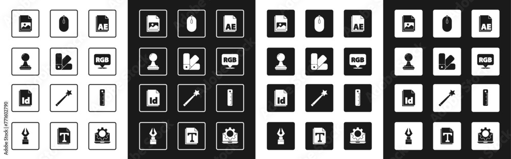 Set AE file document, Color palette guide, Stamp, Picture landscape, Speech bubble with RGB CMYK, Computer mouse, Ruler and ID File icon. Vector Set AE file document, Color palette guide, Stamp, Picture landscape, Speech bubble with RGB CMYK, Computer mouse, Ruler and ID File icon. Vector