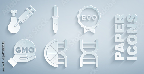 Set Genetically modified orange, Label for eco healthy food, GMO, DNA symbol, Pipette and Gmo research chicken icon. Vector