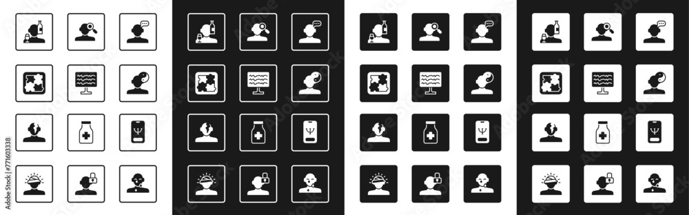 Set Online psychological counseling, Encephalogram, Solution problem psychology, Alcoholism, Yin Yang symbol, Finding, and icon. Vector Set Online psychological counseling, Encephalogram, Solution problem psychology, Alcoholism, Yin Yang symbol, Finding, and icon. Vector