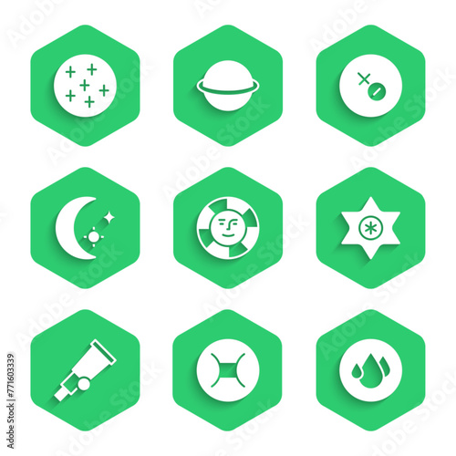 Set Sun, Gemini zodiac, Water drop, Falling star, Telescope, Moon and stars, Venus symbol and Full moon icon. Vector
