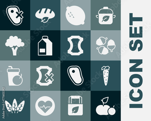 Set Apple, Carrot, Acorn, Lemon, Paper package for milk, Broccoli, No meat and Leather icon. Vector