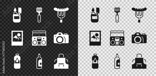 Set Lighter, Spatula, Sausage on the fork, Bottle of water, wine, Kitchen apron, Photo frame and Home stereo with two speakers icon. Vector
