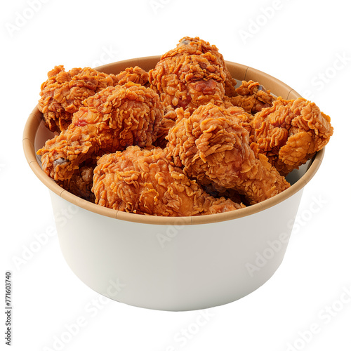 Front view of round white cardboard bucket with crispy fried chicken isolated on a cutout PNG transparent background