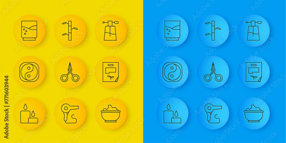 Set line Burning candle, Yin Yang, Scissors, Sea salt bowl, Leaf document, Glass with water, Perfume and Bamboo stems leaves icon. Vector Set line Burning candle, Yin Yang, Scissors, Sea salt bowl, Leaf document, Glass with water, Perfume and Bamboo stems leaves icon. Vector