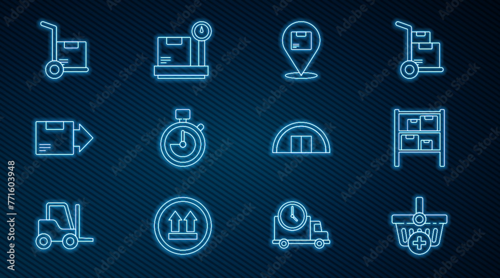 Set line Add to Shopping basket, Warehouse, Location with cardboard box, Stopwatch, Carton, Hand truck and boxes, and Scale icon. Vector Set line Add to Shopping basket, Warehouse, Location with cardboard box, Stopwatch, Carton, Hand truck and boxes, and Scale icon. Vector