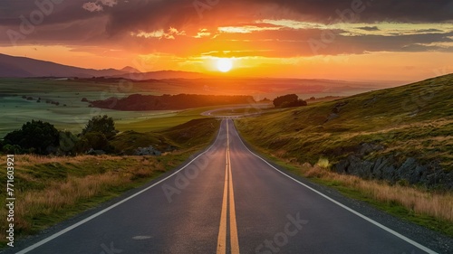 A empty two lane highway with a yellow stripe down the middle, surrounded by grass and hills. The sun is setting in the background, casting a warm glow over the scene.