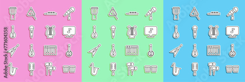 Set line Drum, Banjo, Music note, tone, and drum sticks, Microphone, Guitar, and Ancient lyre icon. Vector