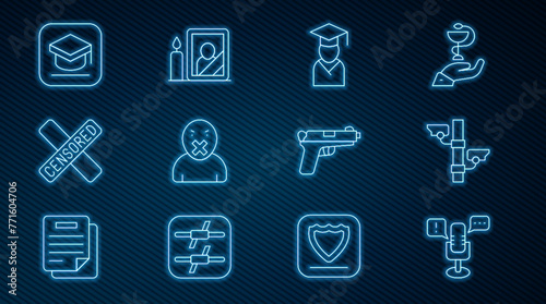 Set line Freedom of speech, Security camera, Graduate and graduation cap, Censor freedom, Censored stamp, Graduation, Pistol gun and Mourning photo frame icon. Vector