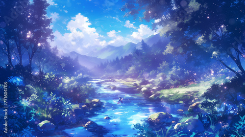 anime illustration of a river during cloudy weather