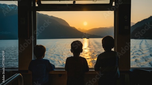 silhouette of three little boys looking out a ferry boat window at the ocean and mountains photo
