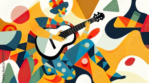 person playing an ukulele, in the style of surrealism mixed with suprematism, flat vector line art style.
