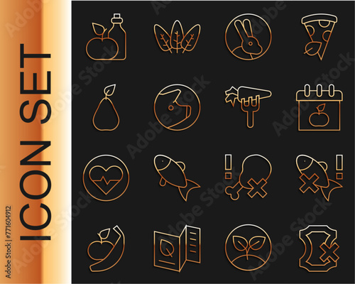 Set line No leather, fish, World Vegetarian day, Rabbit, Pig, Pear, Apple cider vinegar in bottle and Carrot icon. Vector