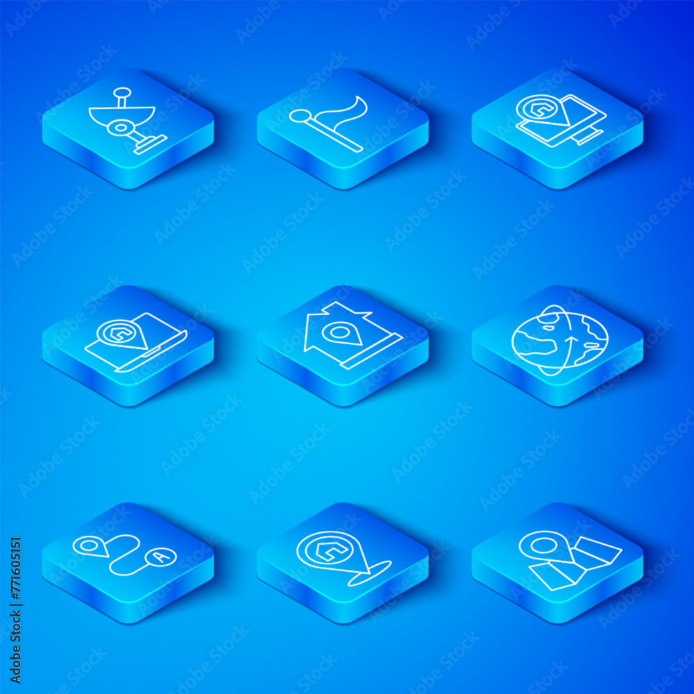 Set line Route location, Location with house, Satellites orbiting the Earth, Monitor map, City navigation, Radar and Folded marker icon. Vector Set line Route location, Location with house, Satellites orbiting the Earth, Monitor map, City navigation, Radar and Folded marker icon. Vector