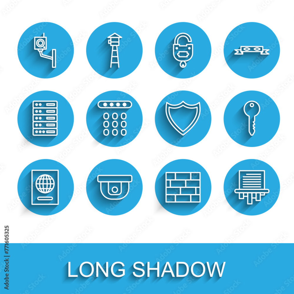 Set line Passport, Motion sensor, Security camera, Bricks, Paper shredder, Password protection, Key and Shield icon. Vector Set line Passport, Motion sensor, Security camera, Bricks, Paper shredder, Password protection, Key and Shield icon. Vector