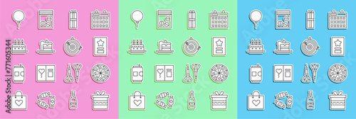 Set line Gift box, Pizza, Greeting card, Cake, with burning candles, Balloon ribbon and Classic dart board arrow icon. Vector