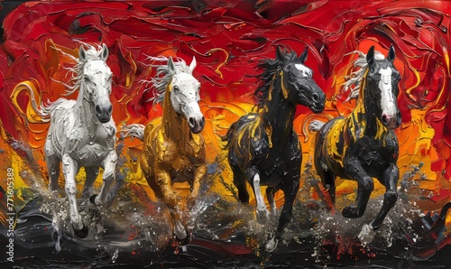 The four horses of the Apocalypse Revelation white red black and yellow Bible Revelation, Generative AI © Frame Fusionist