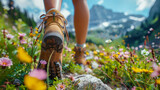 Close-up of slender legs of tourist girl in hiking boots, traveler strolling through clearing with colorful wildflowers. There is mountain landscape in background. Sunny weather. Concept of hiking.
