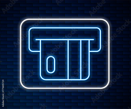 Glowing neon line Credit card inserted in card reader icon isolated on brick wall background. ATM cash machine. Vector