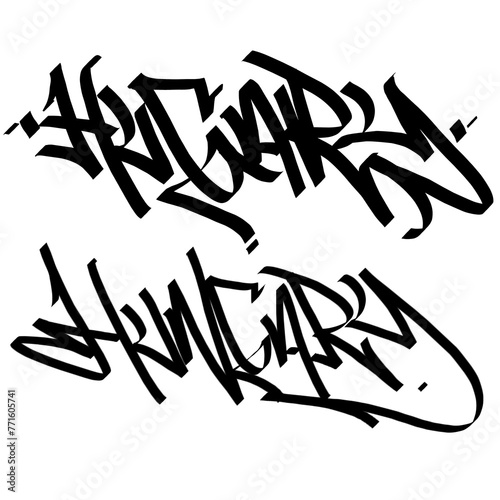 HUNGARY letter the country name on the world digital illustration graffiti handstyle signature symbol tags painting with black and white color photo