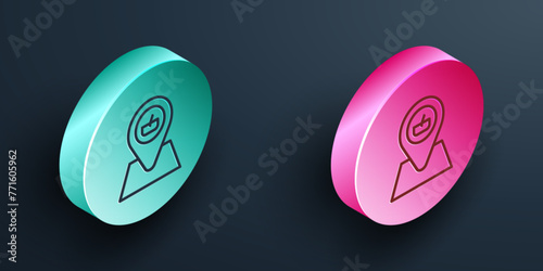 Isometric line Picnic location icon isolated on black background. Turquoise and pink circle button. Vector