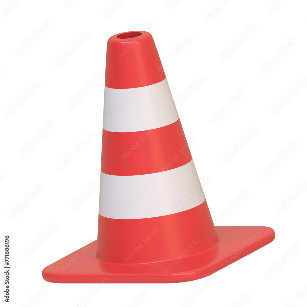 Red and white striped traffic cone isolated on a white background. 3D icon, sign and symbol. Side view. 3D Render Illustration Red and white striped traffic cone isolated on a white background. 3D icon, sign and symbol. Side view. 3D Render Illustration