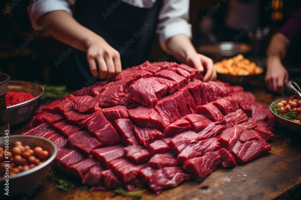 A factory specializing in processing meat.The complex machinery and skilled workers involved in the process.Capture the precision and attention to detail required to ensure high quality meat products