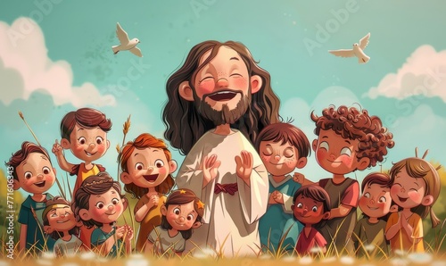 Childrens illustration cartoon of Jesus Christ with many children around Him Generative AI