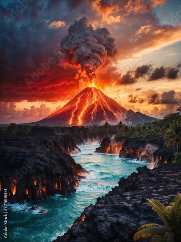 Epic volcanic eruption on a tropical island