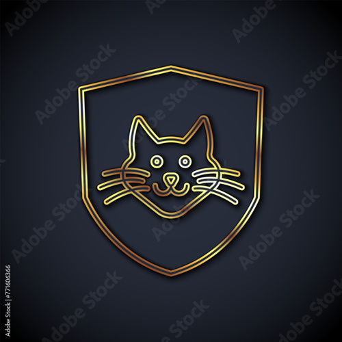 Gold line Animal health insurance icon isolated on black background. Pet protection concept. Dog or cat paw print. Vector