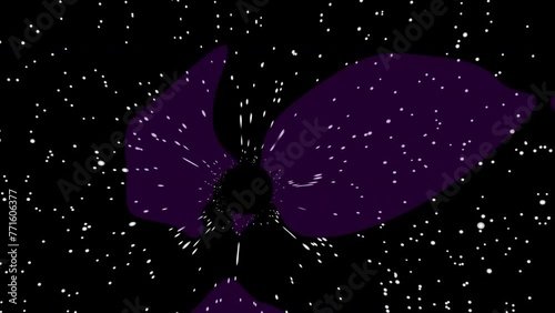 A black hole flies across the starry sky, lensing effect.