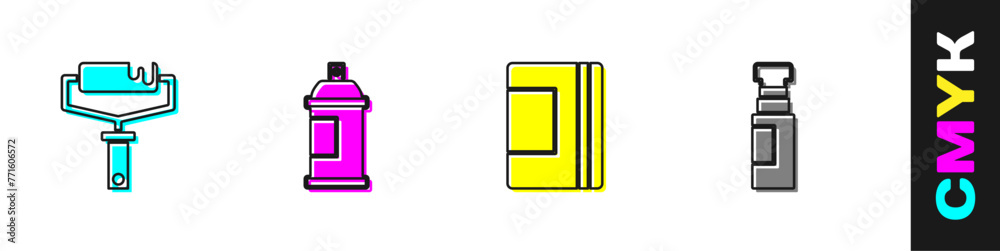 Set Paint roller brush, spray can, Spiral notebook and Marker pen icon. Vector Set Paint roller brush, spray can, Spiral notebook and Marker pen icon. Vector