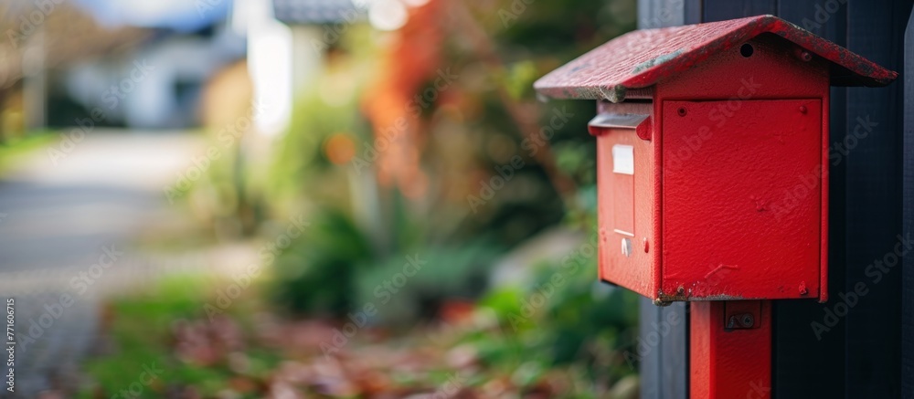 Close up red mail box on front yard of house Close up red mail box on front yard of house