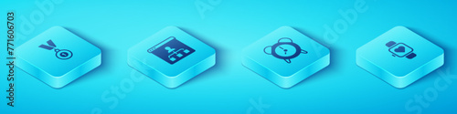 Set Isometric Medal, Online education, Smart watch and Alarm clock icon. Vector