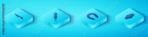 Set Isometric Barbecue knife, Grilled shish kebab, Steak meat and Sausage icon. Vector