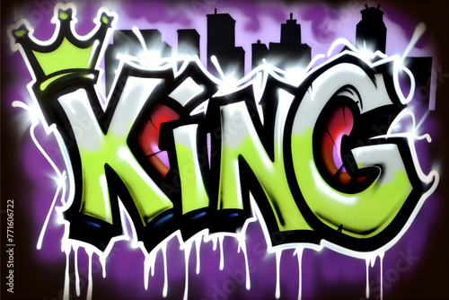 Inscription word King Graffiti, bold characters and letters. Spray painted tag, street art design. Wallpaper and background resource.