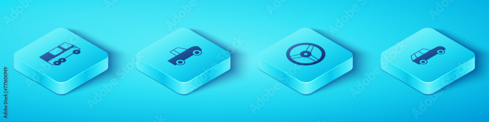 Set Isometric Bus, Pickup truck, Car and Steering wheel icon. Vector Set Isometric Bus, Pickup truck, Car and Steering wheel icon. Vector