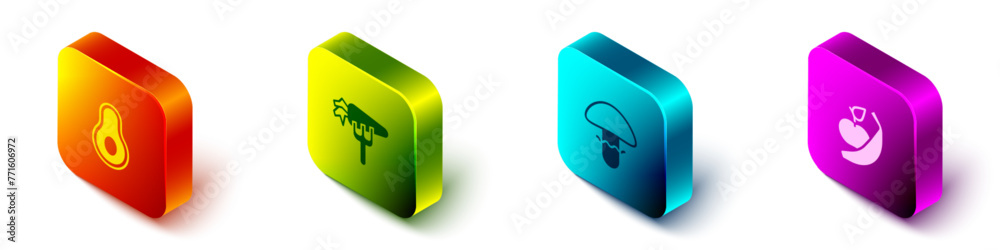Set Isometric Avocado fruit, Carrot, Mushroom and Apple and banana icon. Vector Set Isometric Avocado fruit, Carrot, Mushroom and Apple and banana icon. Vector