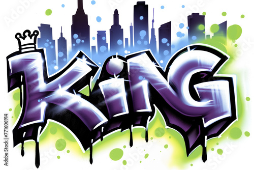 Inscription word King Graffiti, bold characters and letters. Spray painted tag, street art design. Wallpaper and background resource.