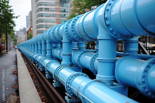 a hydrogen power plant, highlighting its vast steel tanks and intricate pipe network, with emphasis on the industrial scale and technological complexity