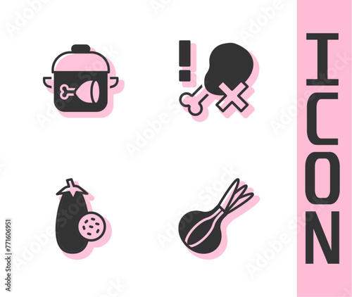 Set Onion, Cooking pot and chicken leg, Eggplant and No icon. Vector
