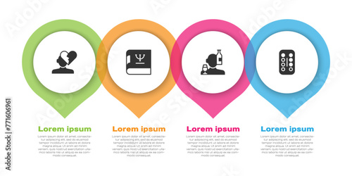 Set Broken heart or divorce, Psychology book, Alcoholism and Sedative pills. Business infographic template. Vector