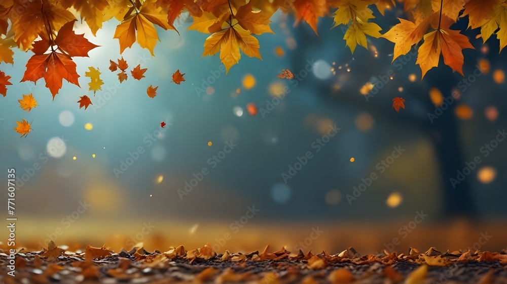 Beautiful autumn foliage background with brunches and falling tree leaves at sky with bokeh Generative AI