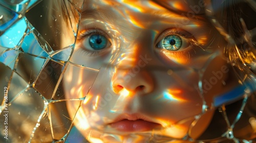 The fragmented reflection of a infant girl in colorful broken glass, representing the shattered innocence and the complexity of healing