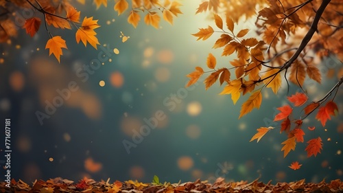 Beautiful autumn foliage background with brunches and falling tree leaves at sky with bokeh Generative AI photo