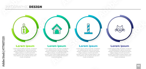 Set Dog collar with bone, house, Cat scratching post toy and . Business infographic template. Vector