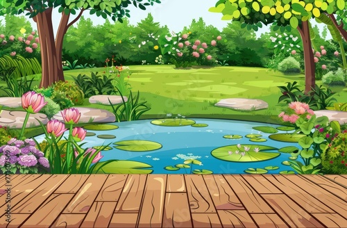 Serene Garden Pond and Lush Floral Vegetation Viewed from Wooden Deck
